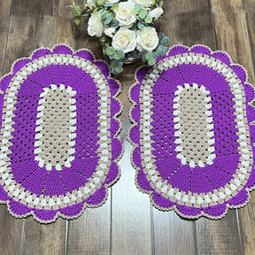 Par de Tapetes Crochê Oval Artesanal Roxo Nude Decorativo Sala Quarto
