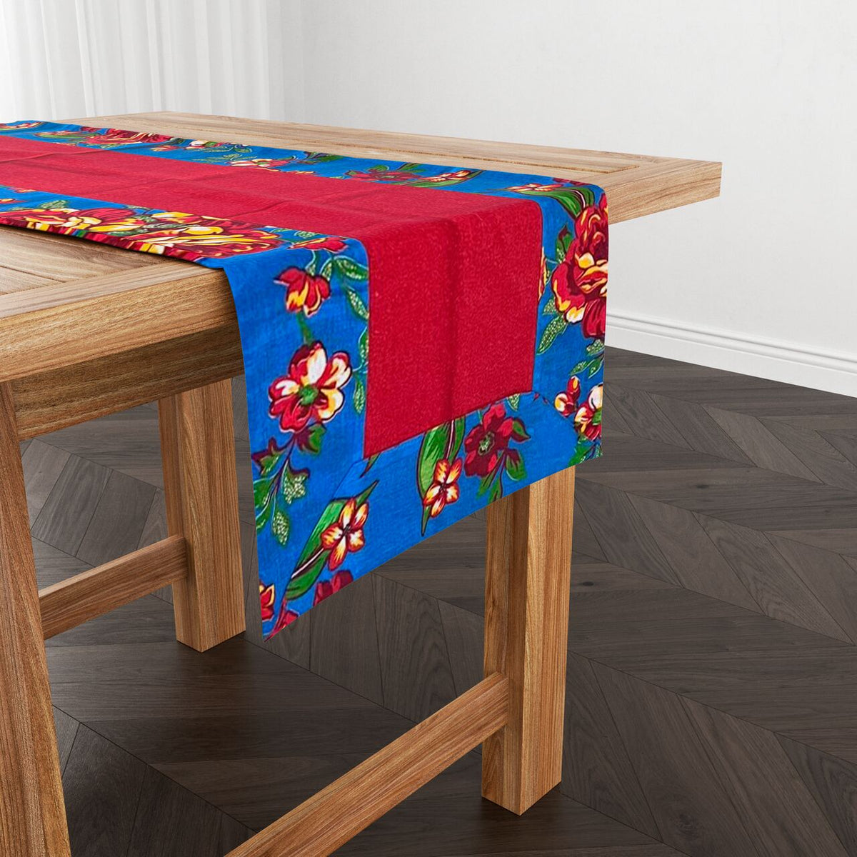 Caminho de Mesa de Algodão Forrado em Chita Azul/Vermelha 1,0m