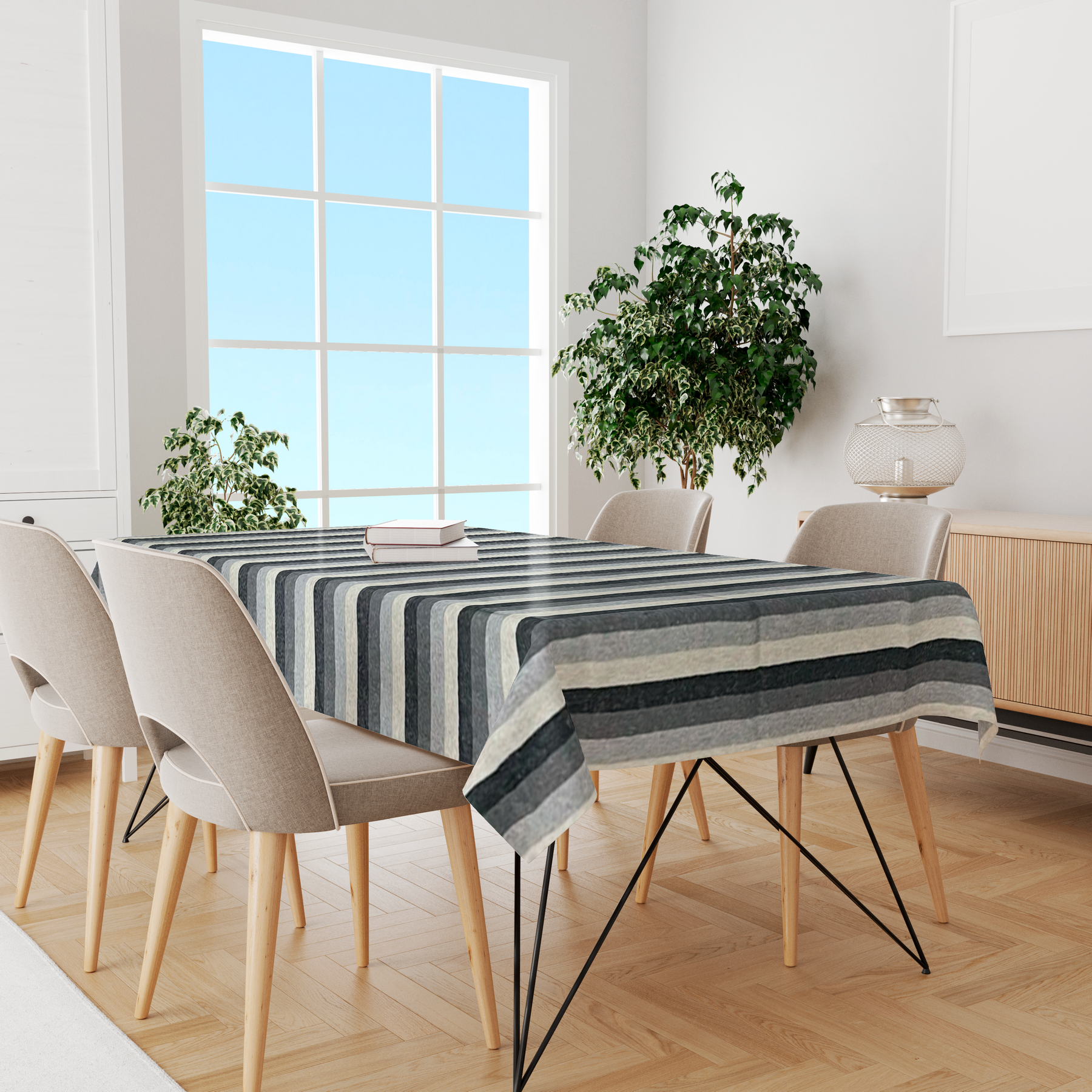 Toalha de Mesa Algodão Listrada Preta e Cinza 1,5mx1,5m