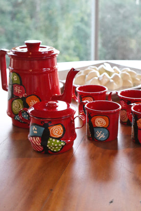 Kit 6 Peças Alumínio Pintado Vermelho - Bule, Açucareiro e 4 Canecas