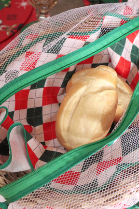 Cesta Porta Pão Bambu com Zíper Xadrez Vermelha e Verde