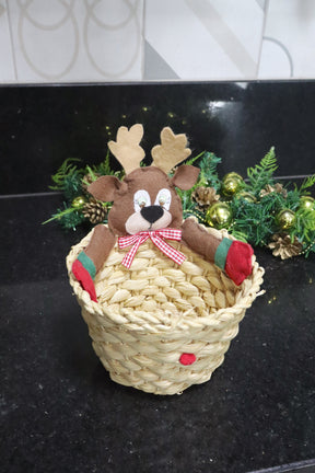 Cachepô Cesta de Rena de Natal em Palha