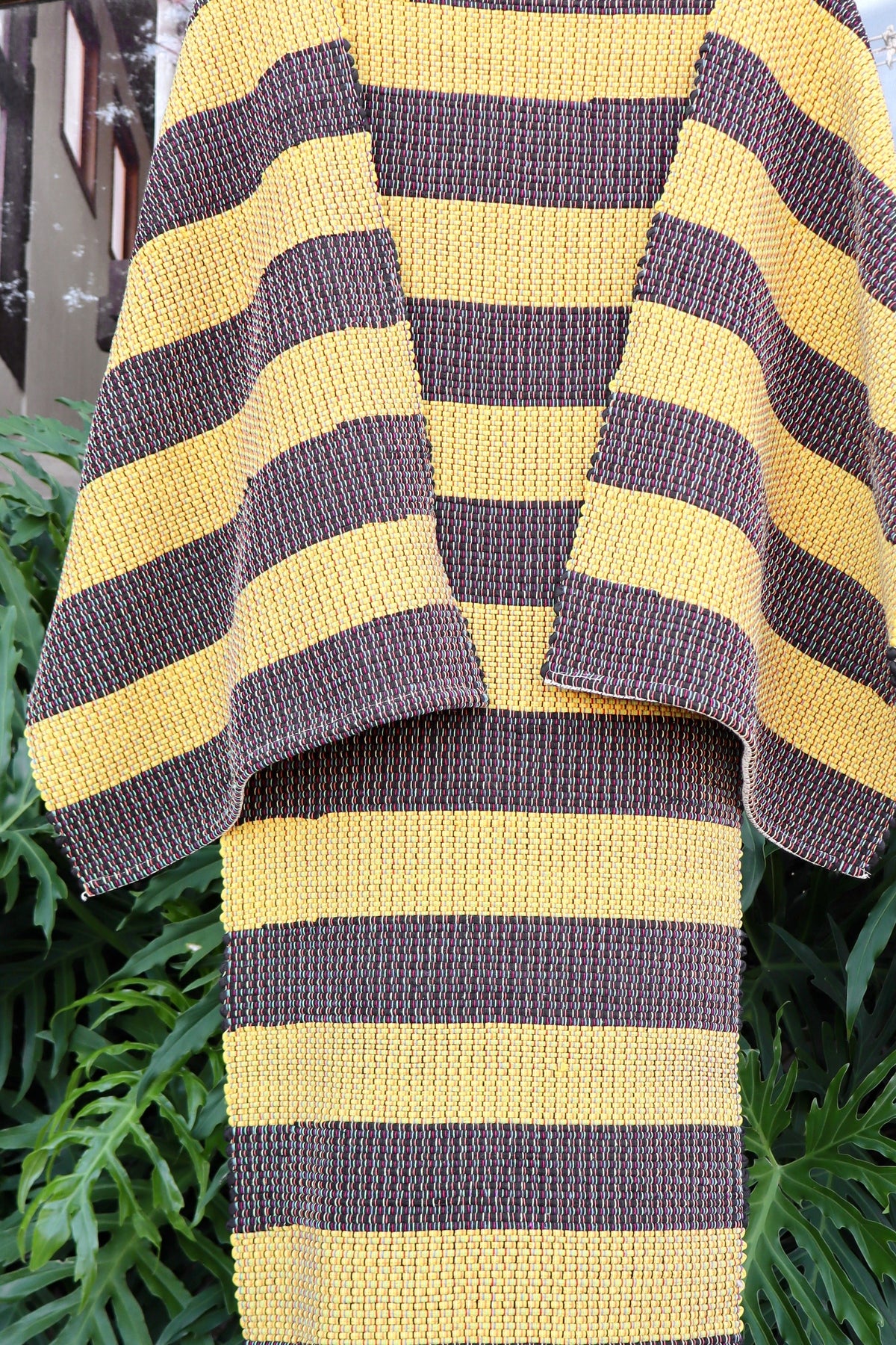 Jogo de Passadeira com 3 Peças Malha Listrado Preto e Amarelo Sem Franja