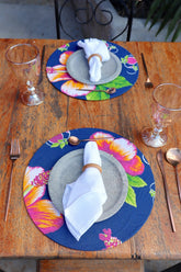 Kit 4 Sousplat Completo + Guardanapos + Argolas Chita Azul Escuro