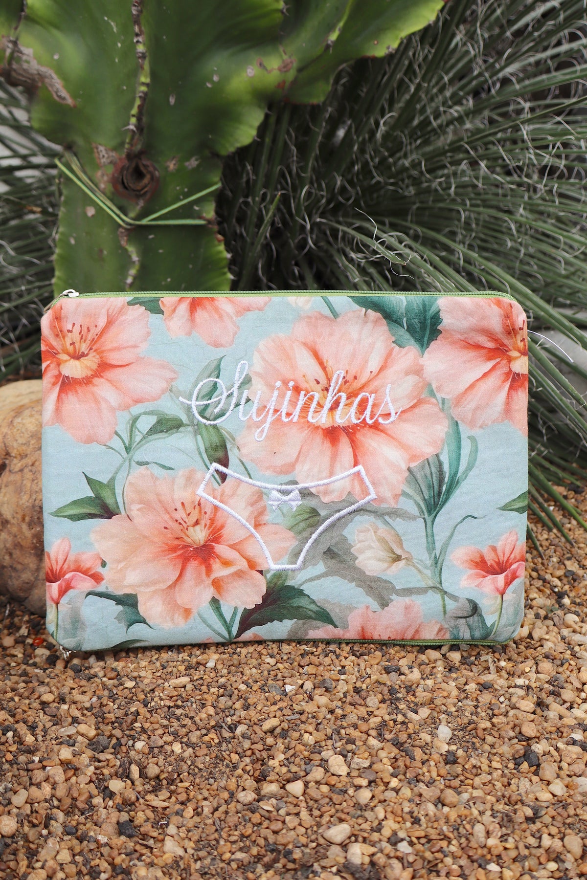 Necessaire Porta Calcinha Limpinha Sujinha P Flores Azul Claro e Salmão