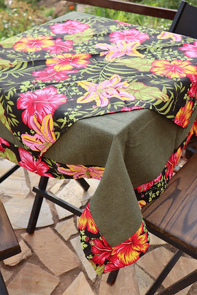 Toalha de Mesa com Barra de Chita Verde e Preta com Composê 1,5mx1,5m