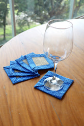 Kit 6 Porta Copos / Descanso Para Copos em Juta com Tricoline Poá Azul