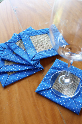 Kit 6 Porta Copos / Descanso Para Copos em Juta com Tricoline Poá Azul