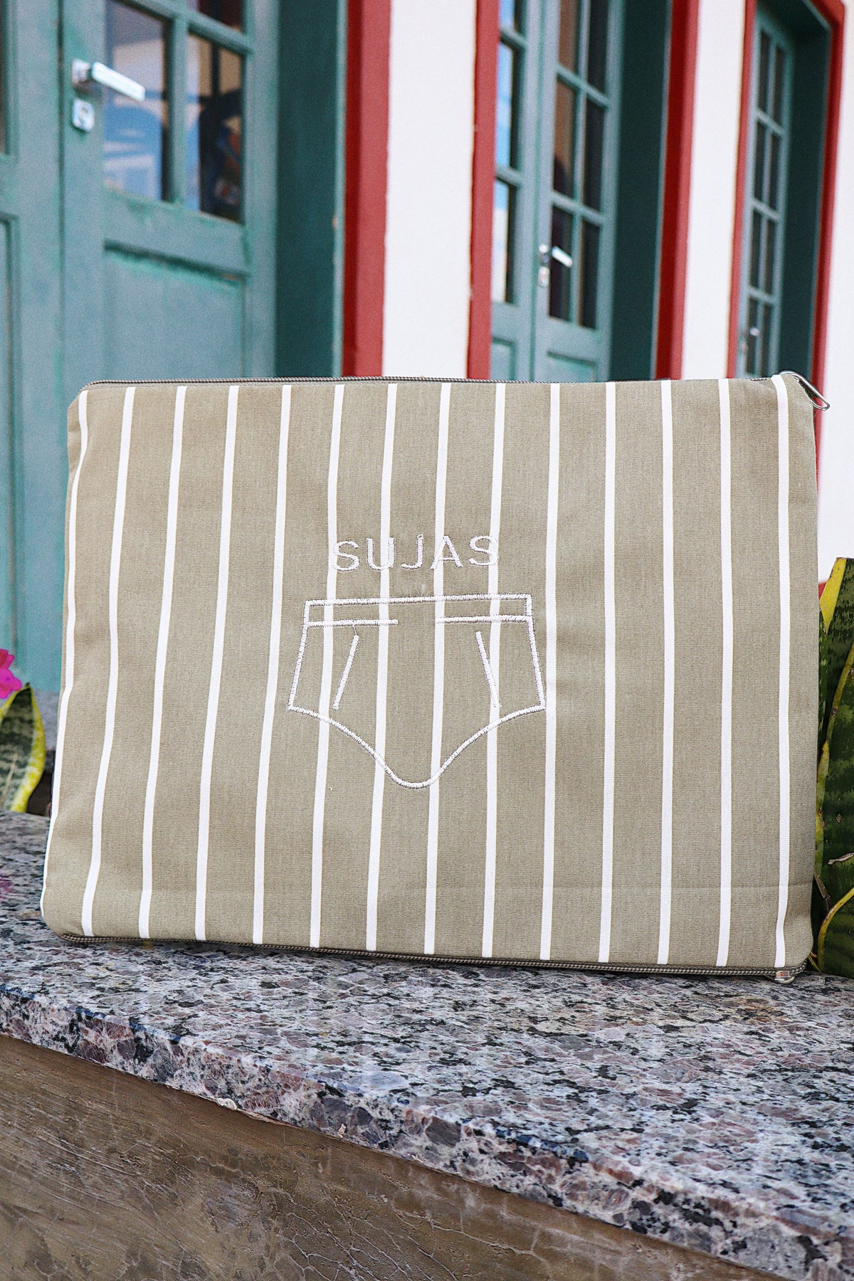 Necessaire Porta Cueca Limpinha Sujinha G Listrada Bege