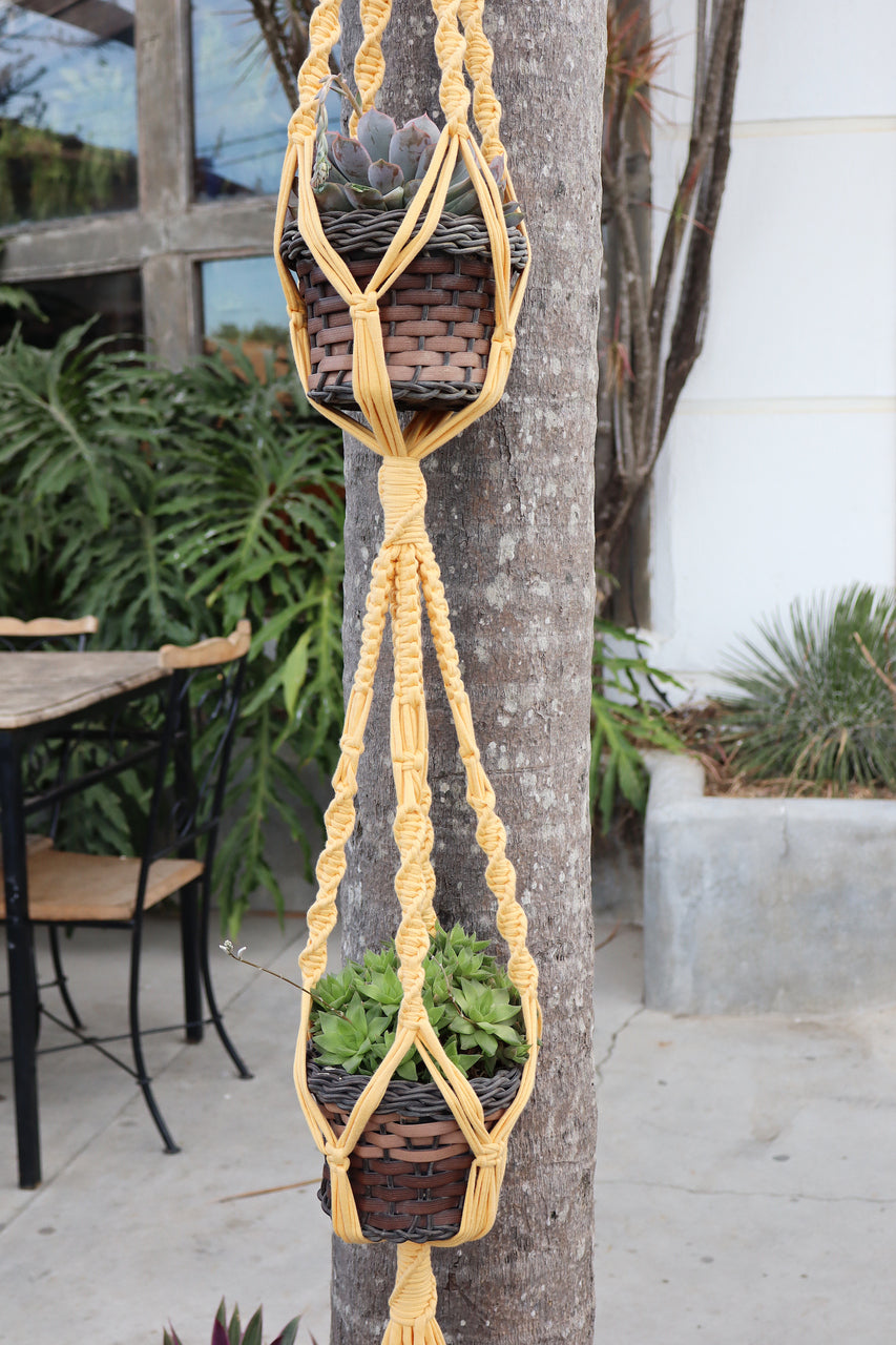 Suporte de Planta em Macramê Malha Duplo Amarelo