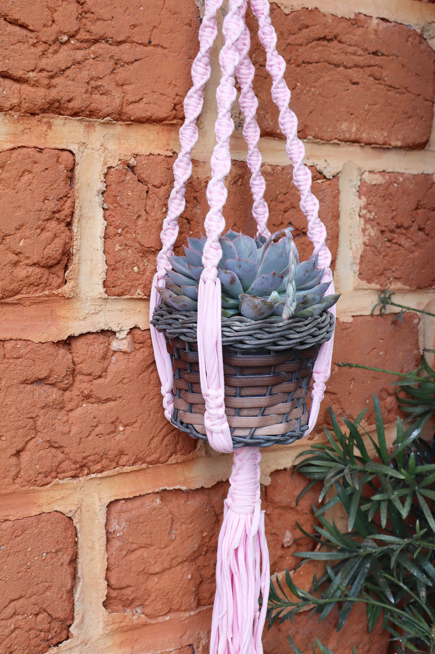 Suporte de Planta em Macramê Malha Um Vaso Rosa