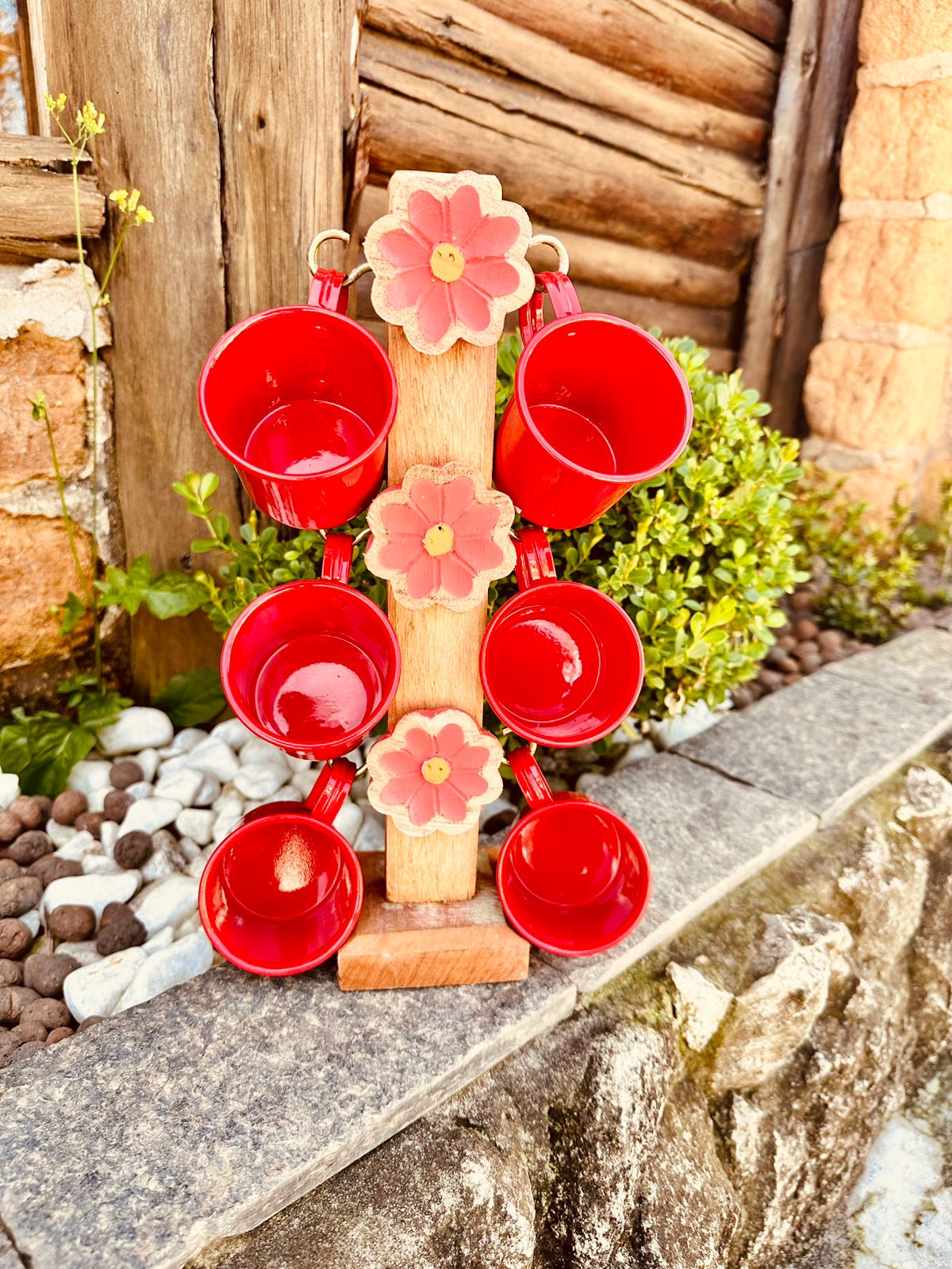 Suporte de Caneca Vermelho Madeira + 6 Canecas