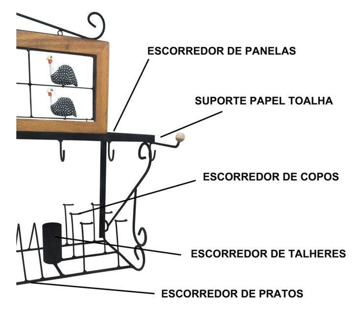 Paneleiro Rústico Escorredor Louças De Ferro E Madeira 120 Cm Panelinhas