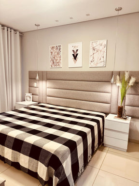 Colcha para Cama Queen 2,40x2,60m Artesanal Xadrez Preta e off white