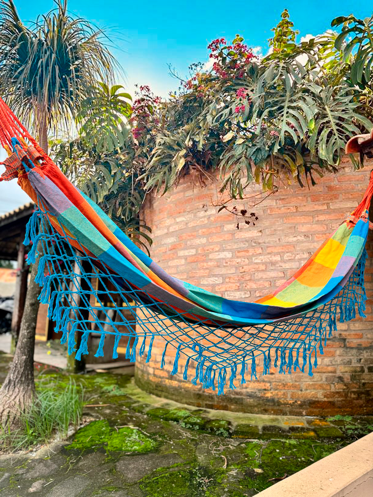 Rede de Descanso Simples Xadrez Colorida Franja Azul