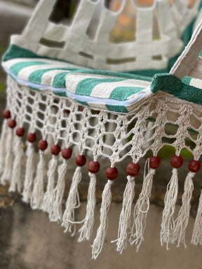 Cadeira De Balanço De Bolinha - Verde Escuro com Listra Cru