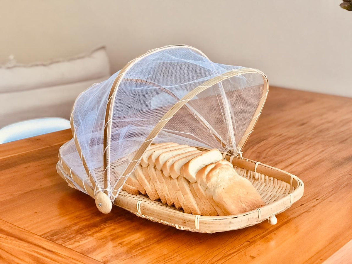Cesta Porta Pão e Bolo Bambu com Cobertura Retrátil Oval