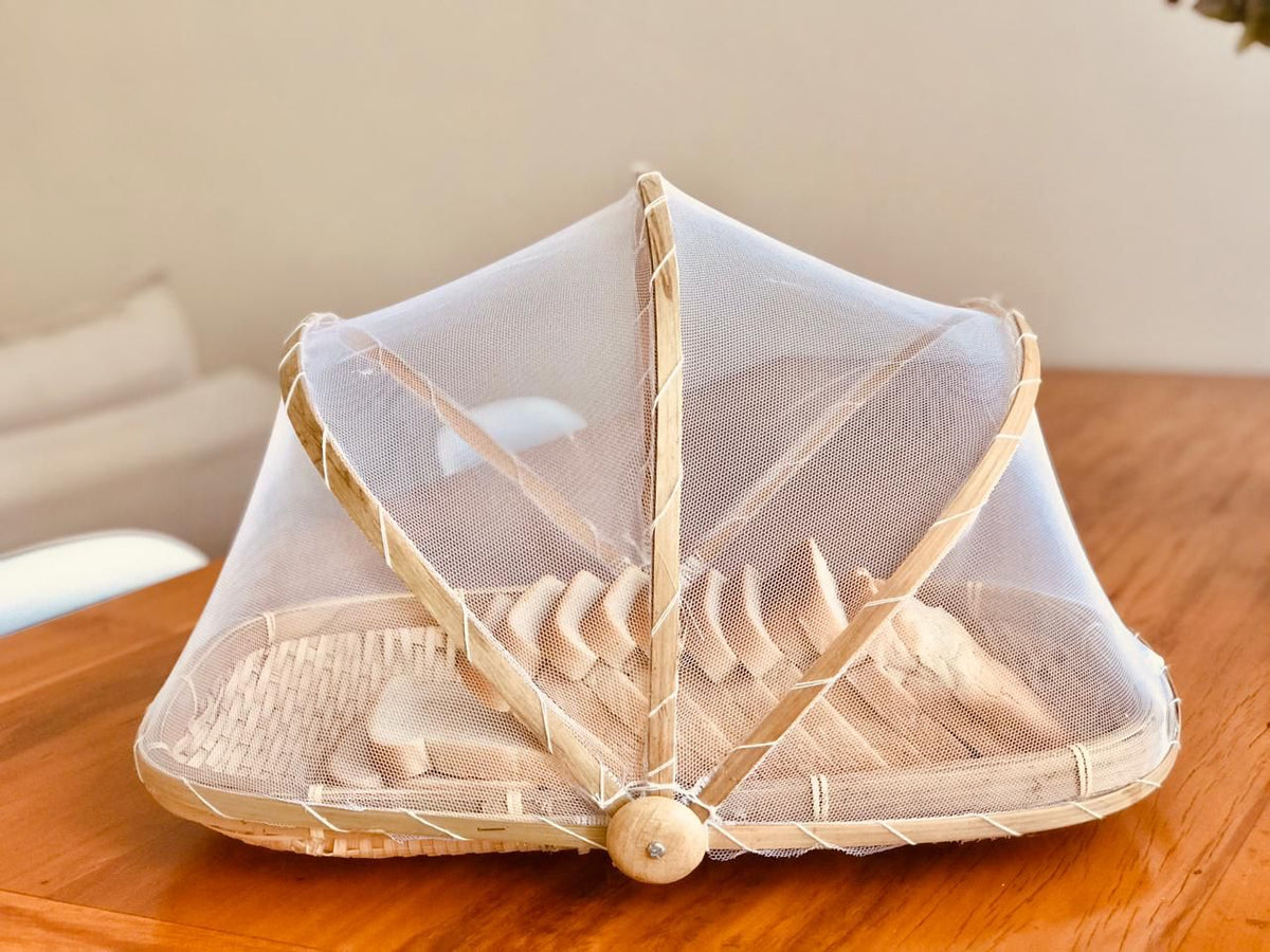 Cesta Porta Pão e Bolo Bambu com Cobertura Retrátil Oval