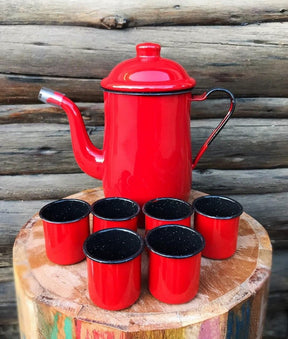 Kit Completo Bule + 6 Canecas Esmaltado Agatá MetalLouça Vermelho