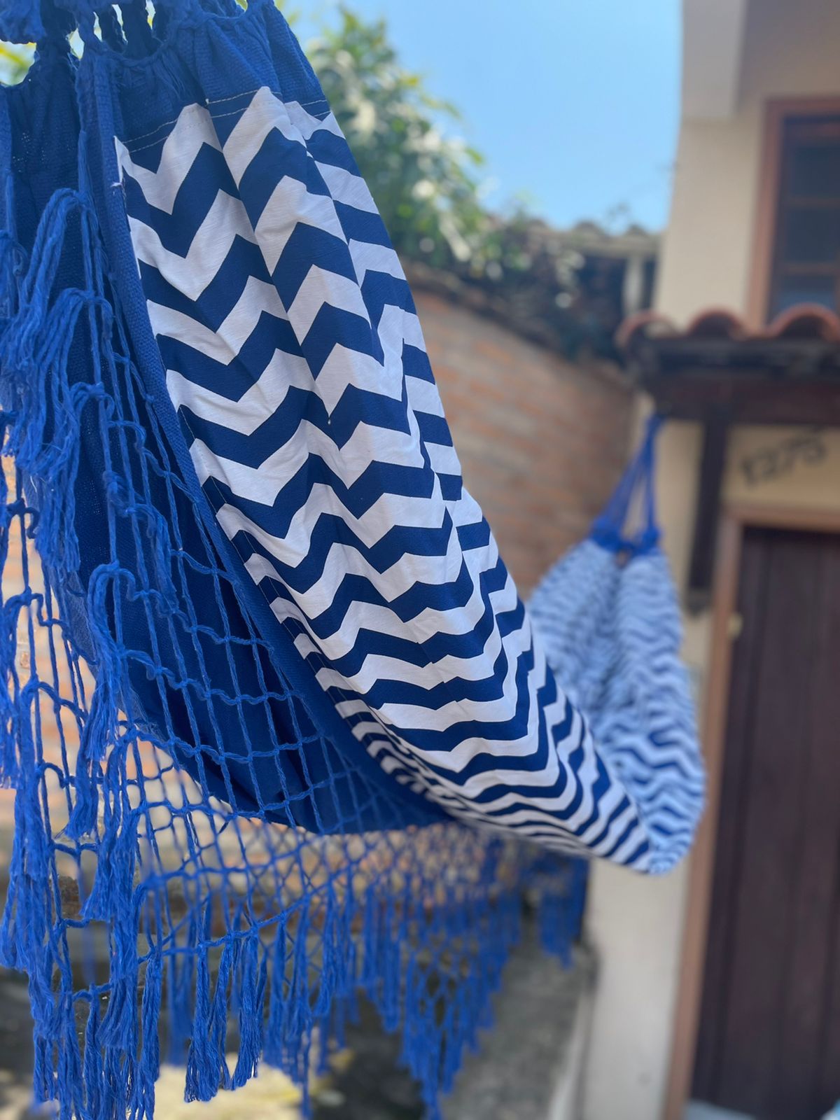 Rede de Algodão Forrada com Belize Semi Impermeável - Chevron Azul